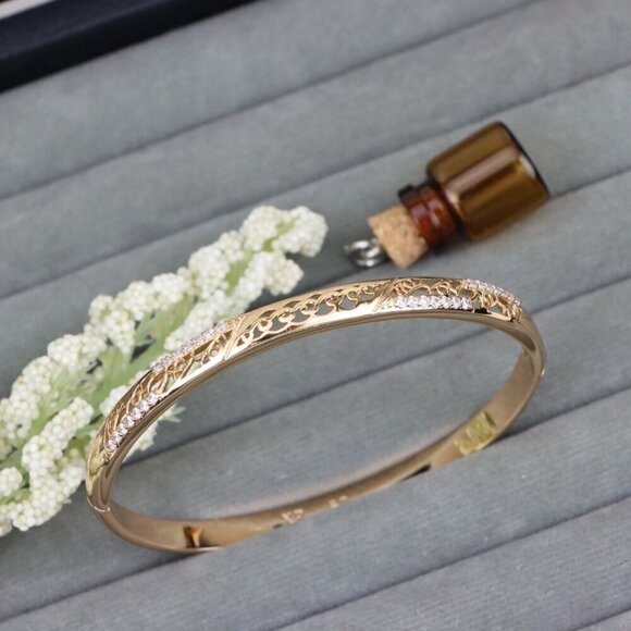 Rose Gold Bangle with Intricate Filigree and Crystal Detailing, XPBL0468 - Picture 9 of 10